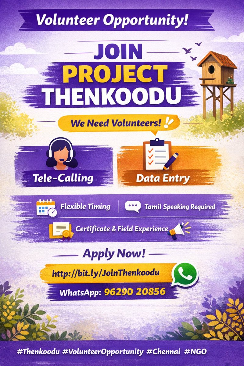 Calling Volunteers! 📢
Project Thenkoodu 💜 is looking for passionate individuals for Tele-calling &amp; Data Entry (remote).
🗣️ Tamil required | 🗓️ Flexible time
🎁 Certificate + field exposure
Apply now 👇
docs.google.com/forms/d/e/1FAI…⁠�
#thepenncollective #Thenkoodu #Volunteer