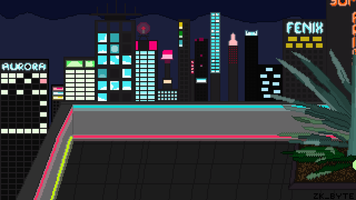 ZK_Byte92's tweet photo. Luego de meses, finalmente he vuelto con un nuevo dibujo de un escenario, en este caso, una azotea donde muestra una vista de edificios con luces de neón. https://t.co/LBGs10BfID