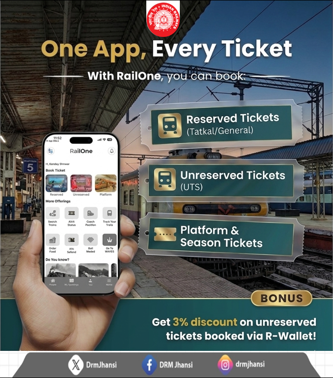 DrmJhansi's tweet photo. Book smarter, travel better 🚆✨
Get 3% off on unreserved tickets via R-Wallet 💸
#RailOne #RWallet #DiscountTravel #IndianRailways #UTS #SmartJourney #DigitalIndia https://t.co/aI7CgC48ww
