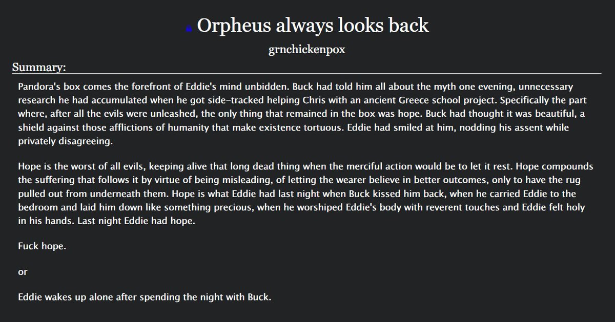 Orpheus always looks back

>1.2k (it was supposed to be under 900 oops)
>angst with a happy ending
>eddie is going through it for no reason
>flexing my limited knowledge of ancient greek myths

archiveofourown.org/works/81639326