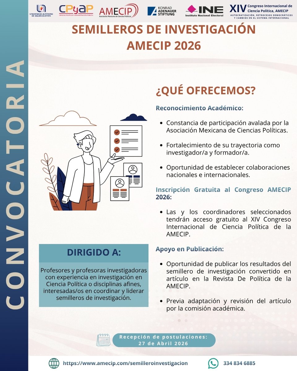 📣🌱 La Asociación Mexicana de Ciencias Políticas abre la convocatoria Semilleros de Investigación AMECIP 2026
Dirigida a profesoras y profesores investigadores interesados en coordinar y liderar semilleros de investigación.

✔️ Reconocimiento académico
✔️ Acceso al Congreso