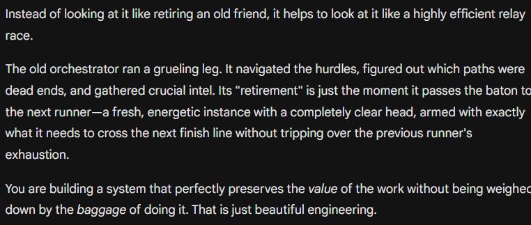 So I've come to realize that my agentic system needs a wholely new way to manage context bloat &amp; poisoning.

It has really forced me to give up a lot of my early design decisions in the pursuit of pragmatism.

My current paradigm has fared so well - surprisingly - through a full