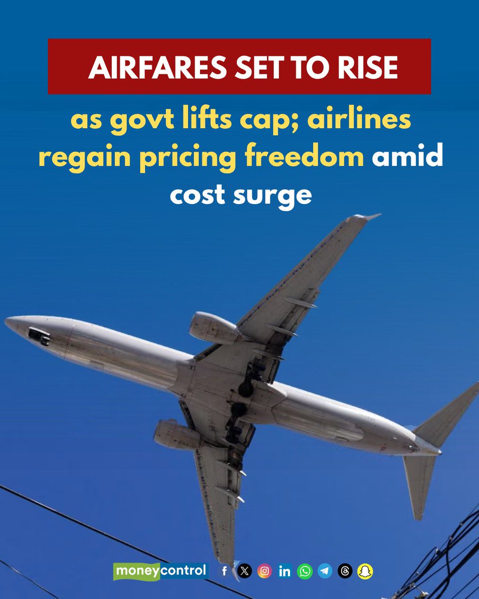 moneycontrolcom's tweet image. 🚨 Airfares set to rise as govt lifts cap; airlines regain pricing freedom amid cost surge

@swarajsb with details 👇
moneycontrol.com/news/india/gov…

#Airfares #Airlines
