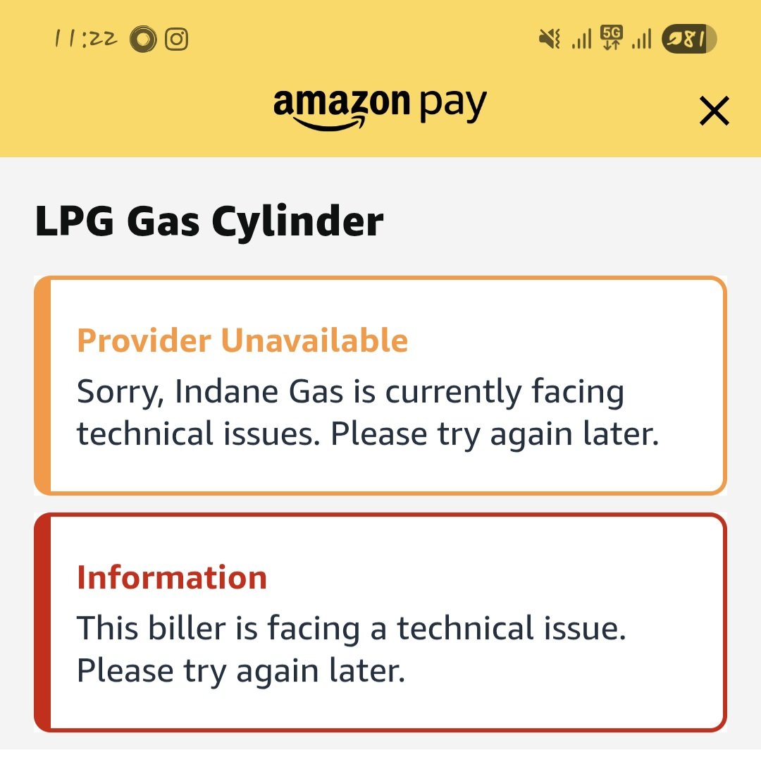 __Vibhu's tweet image. @DM_PRAYAGRAJ 
Facing issue while booking LPG cylinder via Amazon Pay.
Provider unavailable showing for Indane Gas technical error since long time.Unable to proceed with booking.Kindly resolve urgently.
@IndianOilcl @AmazonHelp @dmprayagraj #IndaneGas #AmazonPay #LPGIssue