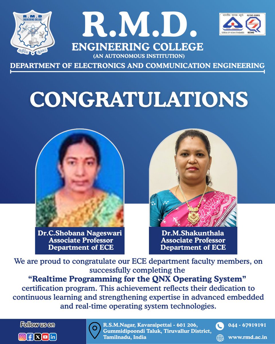 rmdecprincipal's tweet image. Hearty congratulations to our ECE Faculty, Dr. C. Shobana Nageswari, and Dr. Shakunthala M on successfully completing the Realtime Programming for the QNX Operating System certification. 

#rmdec #rmdengineeringcollege #rmdece #achievement #certification #qnx