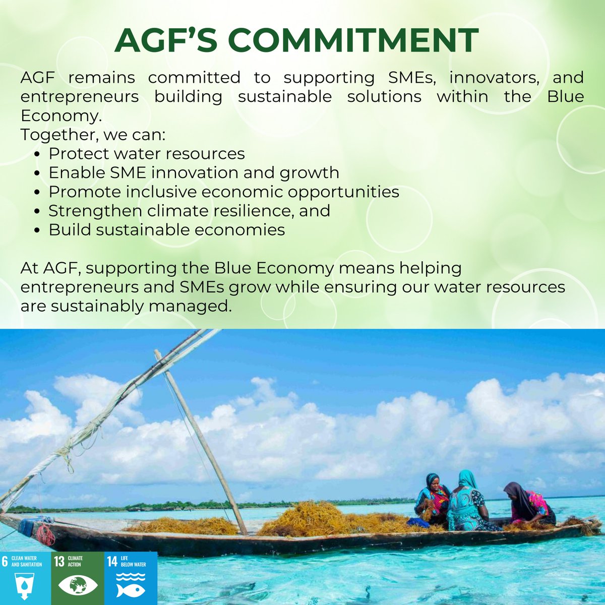 AGF_Group's tweet photo. Water is more than a resource, it is an economic driver, a livelihood enabler, and a foundation for sustainable growth.
This World Water Day, AGF reaffirms its commitment to the Blue Economy as a key thematic area, advancing sustainable use of water resources while supporting SMEs, strengthening livelihoods, and safeguarding ecosystems.
Protecting water today means securing opportunity for tomorrow.
#WorldWaterDay #BlueEconomy #Sustainability #SMEs #ClimateAction #AGF