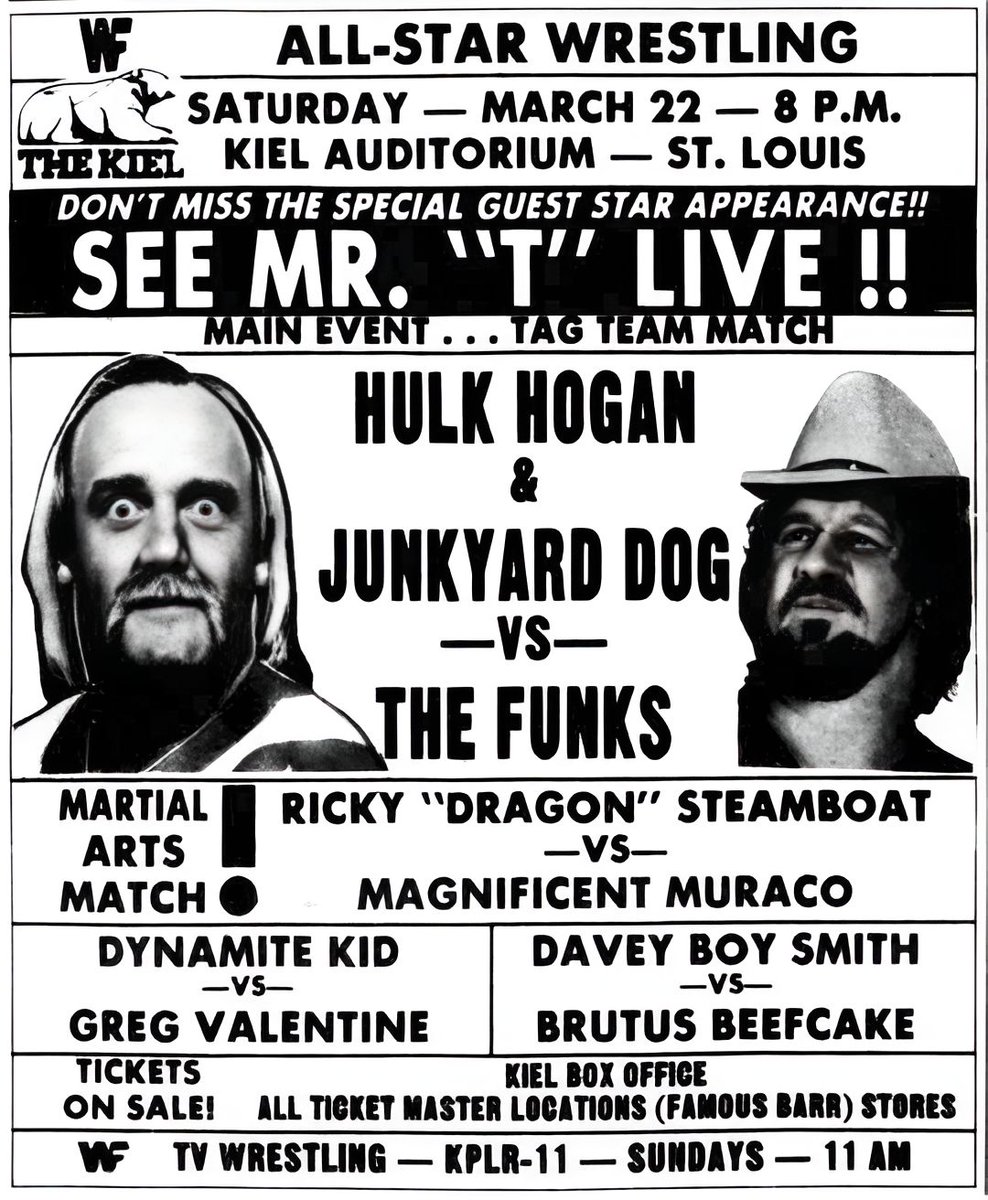 WWFWrestling1's tweet photo. On this day in 1986: WWF All-Star Wrestling at the Kiel Auditorium, St. Louis, Missouri. 🤼 #WWF #TheFunks #JunkyardDog #HulkHogan #MrT https://t.co/6pqKjv7wzX