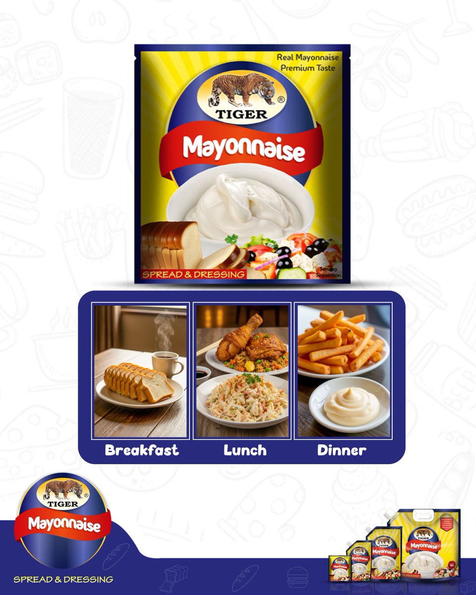 thetigerfoods's tweet photo. What did you hear about Tiger Mayonnaise?
No matter the time of day, Tiger Mayonnaise always deserve a spot on your table.
What’s your favourite meal to pair with Tiger Mayonnaise?
#TigerMayonnaise #SpreadWithLove #PerfectForYourMeal https://t.co/Dvt2sKFfCR