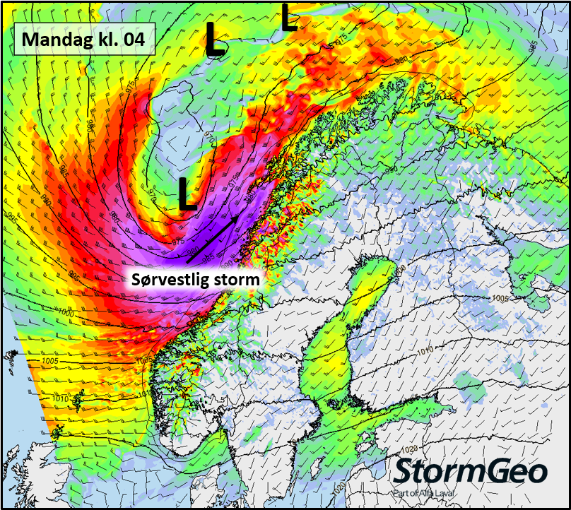 StormGeoWeather's tweet photo. Et stormsenter vil gi sørvestlig liten og full storm langs kysten av Midt-Norge og Nordland fra søndag kveld til mandag morgen. Natt til mandag kan hende sterk storm i Nordland. Lilla farge på bildet viser vind opp i storm styrke. #stormgeoweather https://t.co/X1QYk41Jch