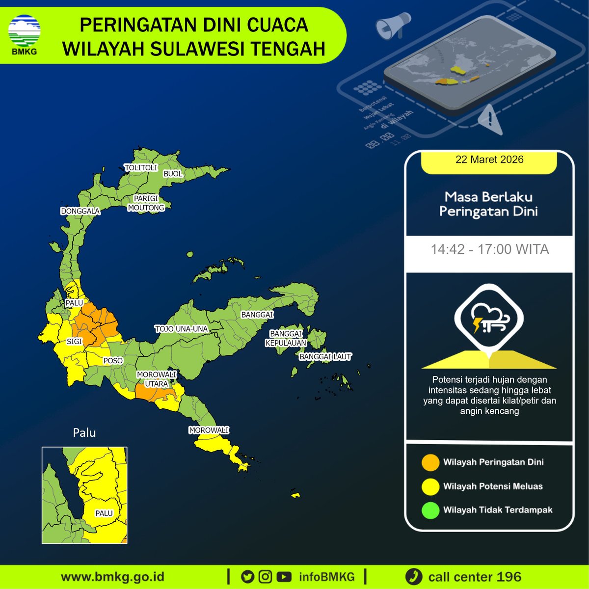 infoBMKG's tweet photo. Update Peringatan Dini Cuaca Wilayah - Sulawesi Tengah Tgl. 22 Maret 2026 pkl. 14:42 WITA
Prakirawan - BMKG - Sulawesi Tengah
https://t.co/cXSfUbxtDg https://t.co/hxBhw7oe5b