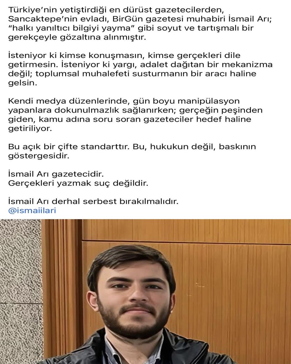 Gazetecilik suç değildir.

İsmail Arı derhal serbest bırakılmalıdır.
<a href="/ismailari_/">İsmail Arı</a>