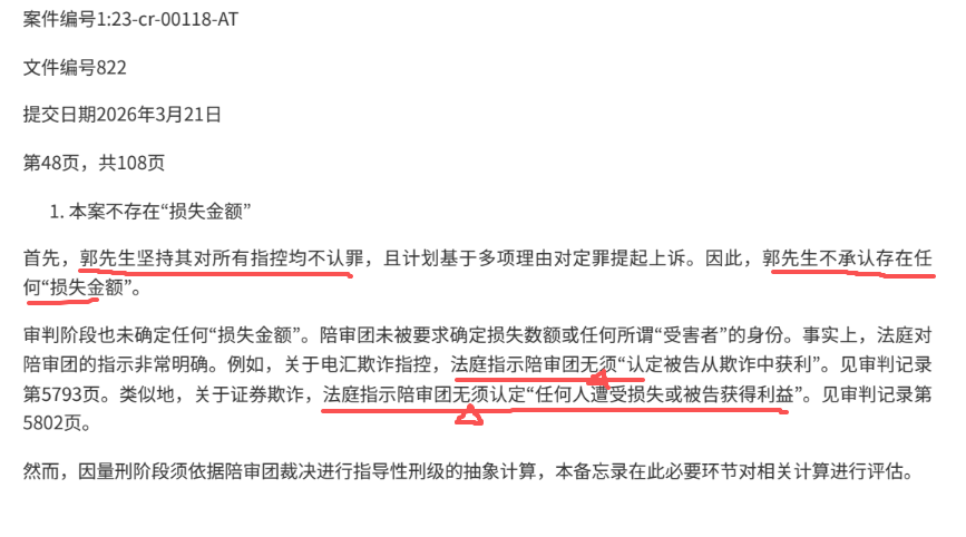 😬😬😬
法律文件：#郭文贵 案量刑备忘录

郭先生对所有指控不认罪；
郭先生不承认存在任何“损失金额”。
法庭指示陪审团“无须”认定被告从欺诈中获利；
法庭指示陪审团“无须”认定“任何人遭受损失”。