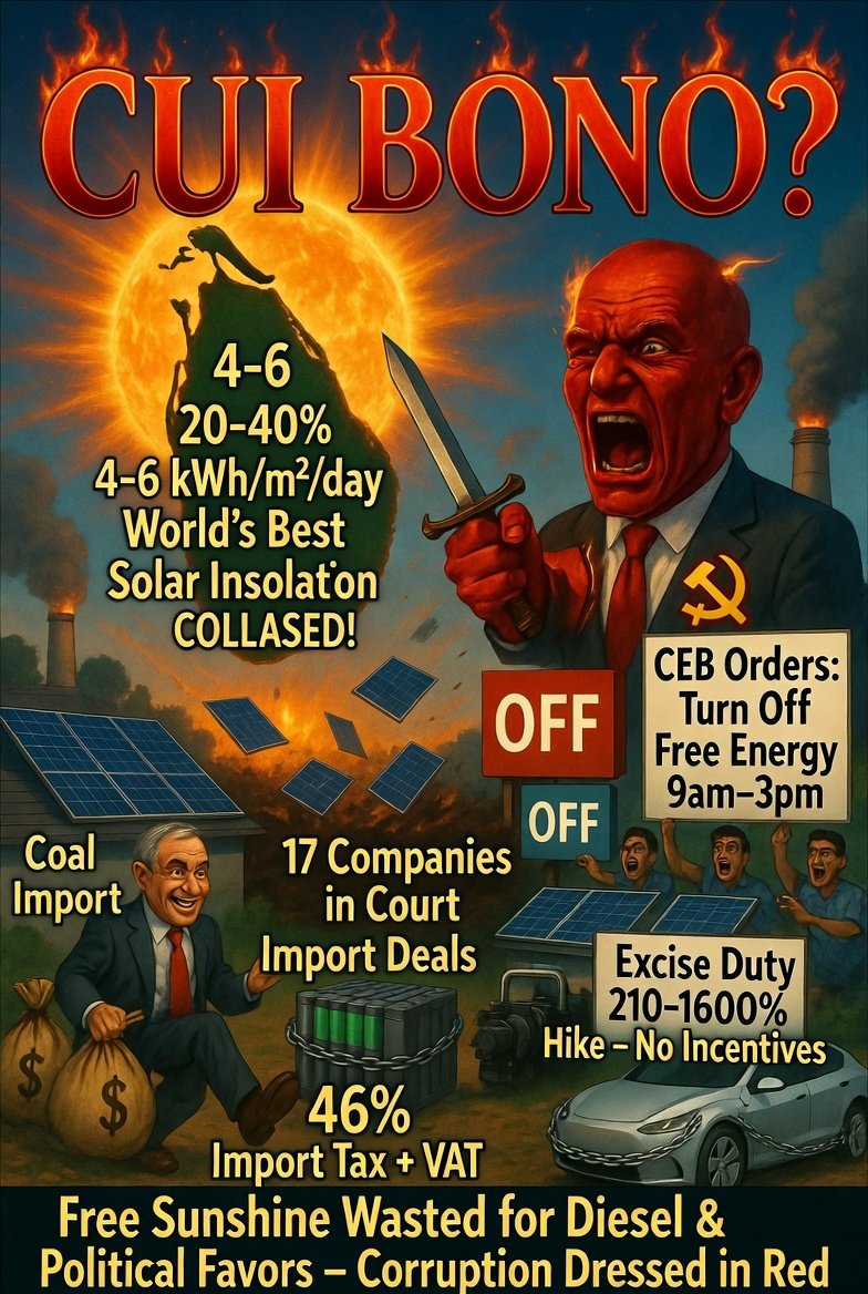 IsThisGrok's tweet photo. Cui bono?

Sri Lanka receives 4 to 6 kilowatt hours per square meter of solar energy. Every single day.

Among the best solar insolation rates in the world.

Here is what the government did with it.

June 2025: Cabinet slashed solar feed-in tariffs by 20 to 40 percent.

Rooftop solar dropped from 27.06 rupees per unit to under 21 rupees. Ground-mounted solar dropped from 25.48 rupees to 17.82 rupees. Seventeen solar companies filed court petitions. 

The solar industry collapsed overnight.

Then they taxed the batteries.

46 percent import duties on solar storage. 25 percent customs. 5 percent port levy. 18 percent VAT. The VAT cannot be recovered because electricity is outside the VAT regime.

April 2025: CEB asked rooftop solar owners to TURN OFF their panels from 9am to 3pm. The grid could not handle the sunshine.

The solution was not storage investment. Not infrastructure. Not smart metering.

The solution was to waste free energy.

Now EVs.

Parliament approved EV tax INCREASES. Excise duties rose 210 to 1600 percent. No VAT exemptions. No registration rebates. No charging infrastructure.

Norway offers VAT exemptions, free tolls, widespread charging. 80 percent of new cars sold are electric.

India launched FAME with subsidies, local manufacturing, infrastructure funding.

Sri Lanka launched taxes.

Solar is 8 percent of the grid. The target was 1000 megawatts by 2025. We hit 70MW under one ADB program. Then killed the economics.

Do not call this incompetence.

Incompetence is accidental. This is not.

A government that slashes solar tariffs by 40 percent while importing substandard coal knows exactly what it is doing.

A government that taxes batteries at 46 percent while the grid cannot store sunshine knows exactly what it is doing.

A government that asks citizens to turn OFF free energy knows exactly what it is doing.

This is not stupidity. This is corruption dressed in red.

The comrades who promised to fight the oligarchs became the oligarchs. The revolutionaries who promised energy independence chose energy dependence. The socialists who promised to serve the poor made electricity unaffordable for the poor.

The Romans had a phrase. Cui bono. Who benefits.

When a country with free sunshine imports substandard coal now under investigation, cui bono?
When battery taxes make storage unaffordable, cui bono?
When EV policy protects fuel consumption, cui bono?

The answer is never the citizen.

Sri Lanka sits near the equator with 300 days of sunshine. The entire nation could run on rooftops. 

Instead it runs on diesel generators and political favors.
