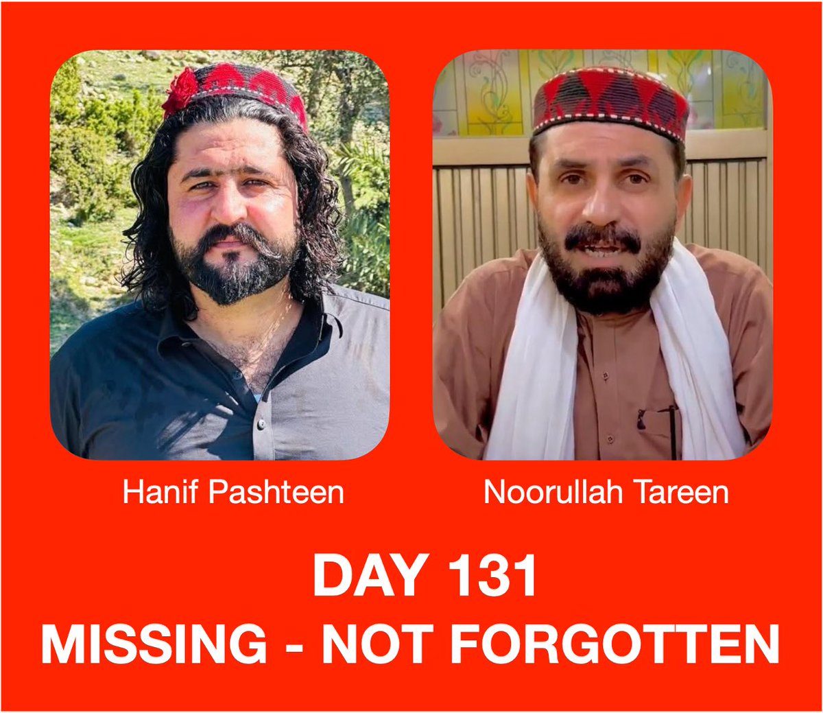 samanthaleaning's tweet photo. MISSING, NOT FORGOTTEN - Day 131 (22nd March 2026)

When someone is in prison, their family at least knows where they are.

But enforced disappearance takes that away. It leaves families in constant uncertainty, waiting for answers that never seem to come.

No one should be left in that space of not knowing.

I urge the authorities to bring Noorullah Tareen and Hanifullah Pashteen before a court, or return them safely to their loved ones.

@PTIKPOfficial @FCDOGovUK @ukinpakistan @KaroblisR @DanielZeichner @YvetteCooperMP @amnestysasia @dawn_com @SohailAfridiISF @HFalconerMP @AusHCPak @Europarl_EN @EUPakistan @JennyChapman
@ForeignOfficePk @CSKPOfficial @bbcworldservice @BBCWorld
@OfficialDGISPR @caroline_gm_d @PakistaninUK @volker_turk

#WhereIsNoorUllahTareen
#WhereIsHanifPashteen 
#WhereIsPTMDelegation 
#EndEnforcedDisappearances