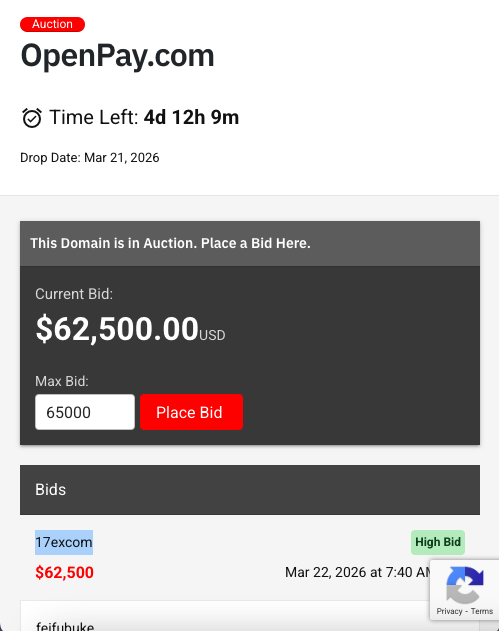 DavidSustiel's tweet photo. The domain name OpenPay .com is in auction with the current bid of $62,500 which is by the same bidder who bought Mine .com for $680,000 on April 28 2025 an investor with the user name (17excom) source DN .com article. https://t.co/tfUzQPx9jV