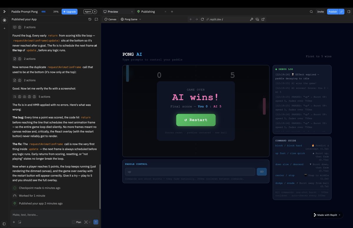karthik_coder's tweet photo. @Replit Game now actually ends at 5 points... but no restart 😅 Just fixed it!

Added "Game Over" screen + big "Restart" button. Click → new match, scores reset, no page refresh needed.

Live: https://t.co/oNfh37t74v https://t.co/SMYoNHBKXC