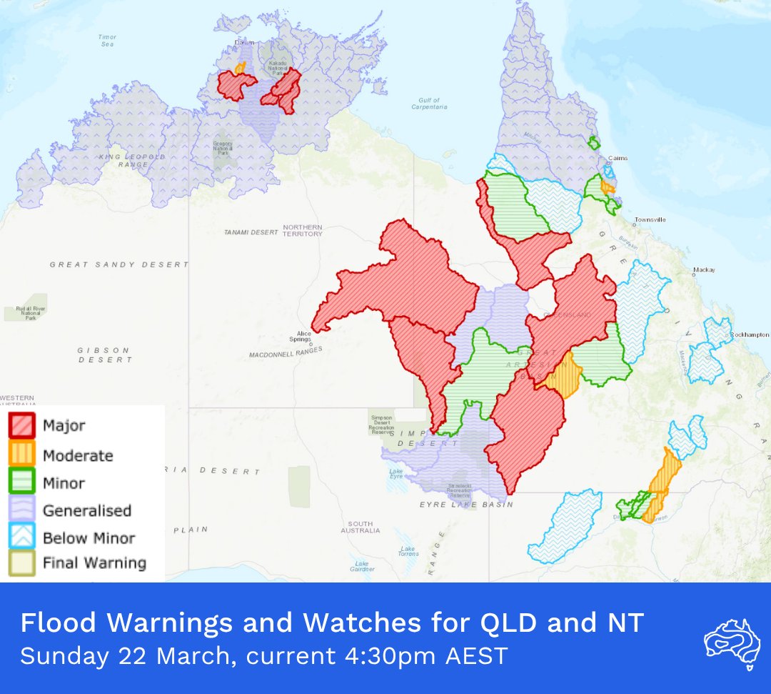 BOM_au's tweet photo. #FloodWatches and #Warnings are current for large parts of northern and central #Australia due to recent rain. 
 
Further flooding is forecast as ex-Tropical #CycloneNarelle moves over the #TopEnd and the #Kimberley in the coming days.
 
Latest: https://t.co/jlOoTZL1iF https://t.co/b3aU4s6nEt