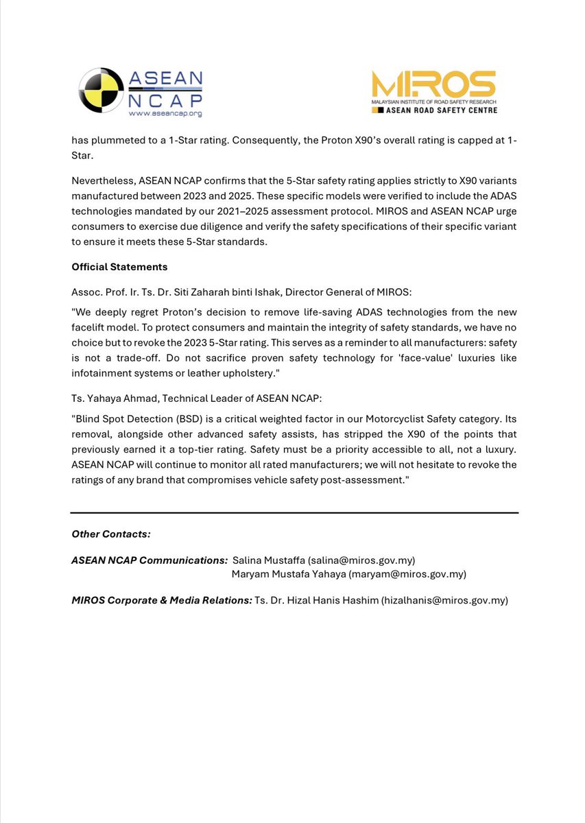 aseancap's tweet photo. CONSUMER ALERT: 2026 PROTON X90 SAFETY RATING🚨

It has come to our attention that the recently launched 2026 Proton X90 features a significant reduction in safety specifications compared to the variant originally tested by ASEAN NCAP in 2023. https://t.co/VQSvy1O0Jl