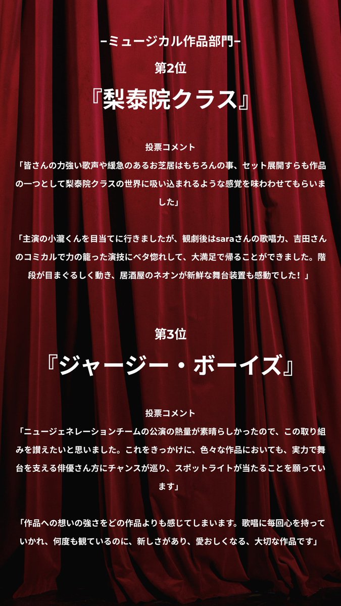 Audience_engeki's tweet photo. 第4回Audience Award

ミュージカル作品部門
大賞
ミュージカル『Once』

🥈ミュージカル『梨泰院クラス』
🥉ミュージカル『ジャージー・ボーイズ』

🔽詳細は
https://t.co/srurNJKOI5 https://t.co/pHwmn6phaF