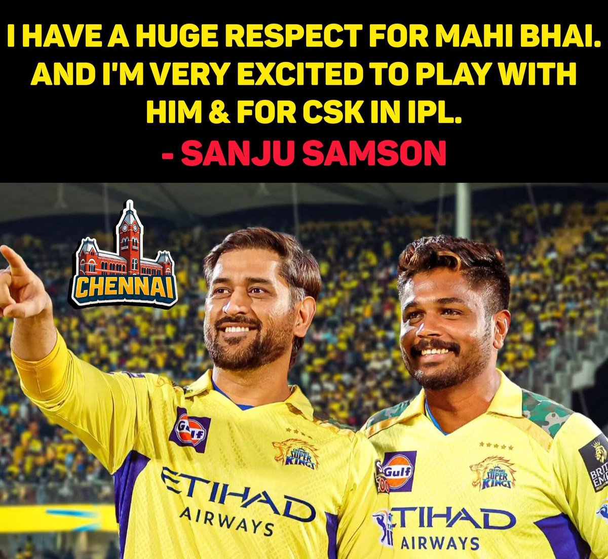 memeschennai's tweet photo. “I have huge respect for Mahi bhai. Super excited to play with him & represent CSK in IPL!” – Sanju Samson 💛
#SanjuSamson #MSDhoni #MahiBhai #CSK #ChennaiSuperKings #IPL2026 #CricketLove #TeamCSK #IPLSeason #CricketFans #YellowArmy #CricketVibes #LegendsOfCricket #ExcitedToPlay https://t.co/Yj8Yf7Fk5W
