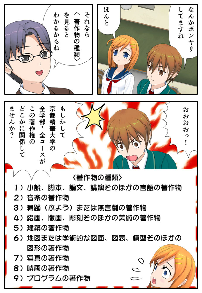 マンガ家でも『コミPo!』の便利さは、よくわかりました。同じことは生成AIにも感じてます。読者がマンガ家の個性を気にしない学習マンガや実用マンガのようなものは、早晩、生成AIに置き換えられますね。

 画像は京都精華大学の「知的財産権概論」という授業で使用したものです。 