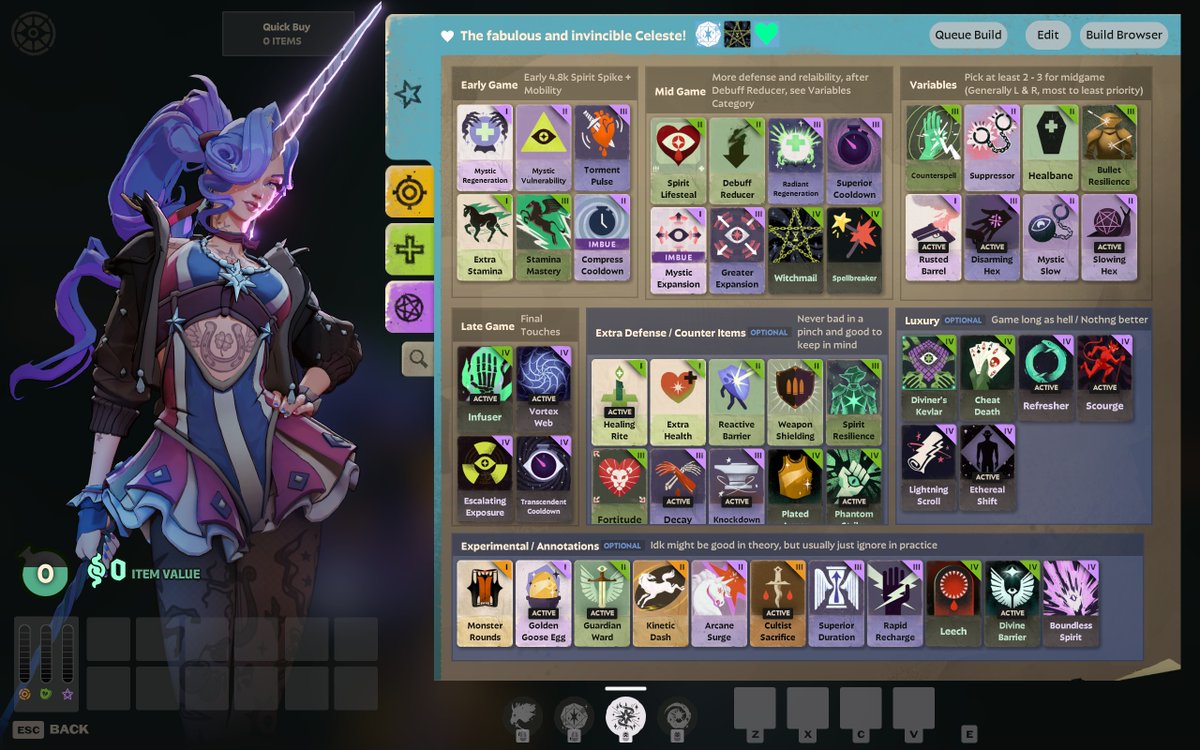 DeadlockAnon's tweet photo. Put way too much effort  into this post nerf Celeste build and wanted to showcase it to yall. Pretty easy to play, mostly L &amp; R but some thinking is required and annotations on all of the items for better understanding

Build ID: 515481 https://t.co/jvRUTIFm4j