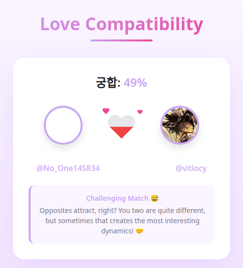 No_One145834's tweet photo. @vitlocy 와의 내 사랑 호환성은 49%

➡️ https://t.co/B24UJ9Pp5H https://t.co/vbqM9zN48q