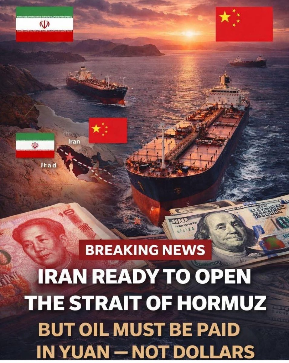 Vaayu22020's tweet photo. Iran has started a financial war and is attacking the US Dollar.
A 52 years rule is about break.
Iran can only allow those friendly nation Oil ships to pass through the strait of Hormuz, who will settle payment in Yuan instead of 💰 Dollars. #IranWar https://t.co/nEsbd6JTHF
