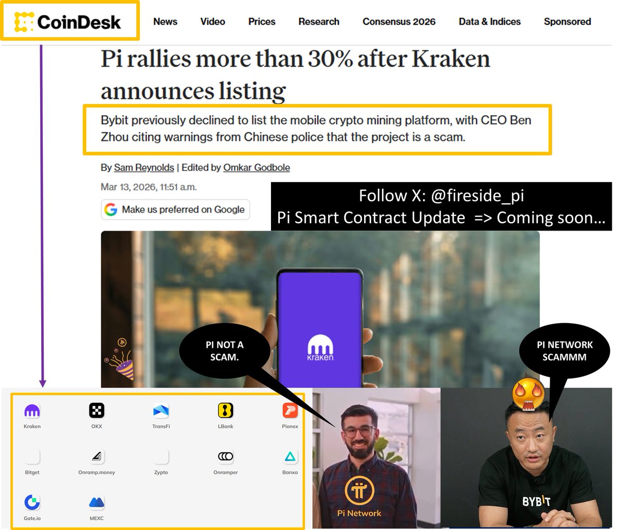 fireside_pi's tweet photo. 🔥 Breaking news from the crypto world: 😱 @CoinDesk exposes @Bybit_Official  Ben Zhou CEO's fatal mistake in calling PiNetwork a scam! 👇

Back in February 2025, Bybit CEO Ben Zhou boldly declared Pi Network a "scam," citing an old warning from Chinese police, and firmly stated: "Bybit will never list this scam!" The result? Bybit eliminated itself from the game, while Pi Network continued to thrive.

✅ Now, here's the ultimate twist: Kraken – a leading US crypto exchange, number one in terms of regulation – officially listed $PI on March 13, 2026, right before the legendary Pi Day! The price of PI immediately exploded by over 30% in just a few hours (according to CoinGecko), proving the enduring appeal and potential of Pi Network.

CoinDesk – a top-rated and reputable source – has provided objective and clear analysis: from Bybit's self-inflicted downfall to the strong price surge following the Kraken listing. No bias, no drama, just sharp facts – the epitome of professional journalism, earning the community's respect! Conclusion: The one who laughs last wins.

In short, Pi Network can soar even without Bybit, and Bybit's CEO is probably regretting missing out on the "golden goose" of 2026. Every blockchain wants $PI in its portfolio – and Kraken has taken the lead!

🤔 What do you think? Is Bybit suffering from overconfidence? Comment below and tag your Pioneer friends! 
Don't forget to follow us (@fireside_pi) for exciting upcoming news about Pi smart contracts. 

#PiNetwork #PiCoin #KrakenListing #PiDay2026 #CryptoNews #CoinDesk  $Pi 
#bybit #coingecko #Pismartcontract #fireside
