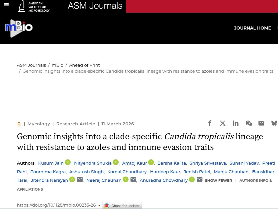 jnarayan81's tweet photo. 🧬 Published in mBio | ASM
Our study reveals a clade-specific #Candida #tropicalis lineage associated with #azole #resistance and immune evasion. Whole-genome analysis highlights mutations and genomic #adaptations that may drive #antifungal #resistance.
🔗 https://t.co/F4TMqGruZs https://t.co/2tHBQdVV85