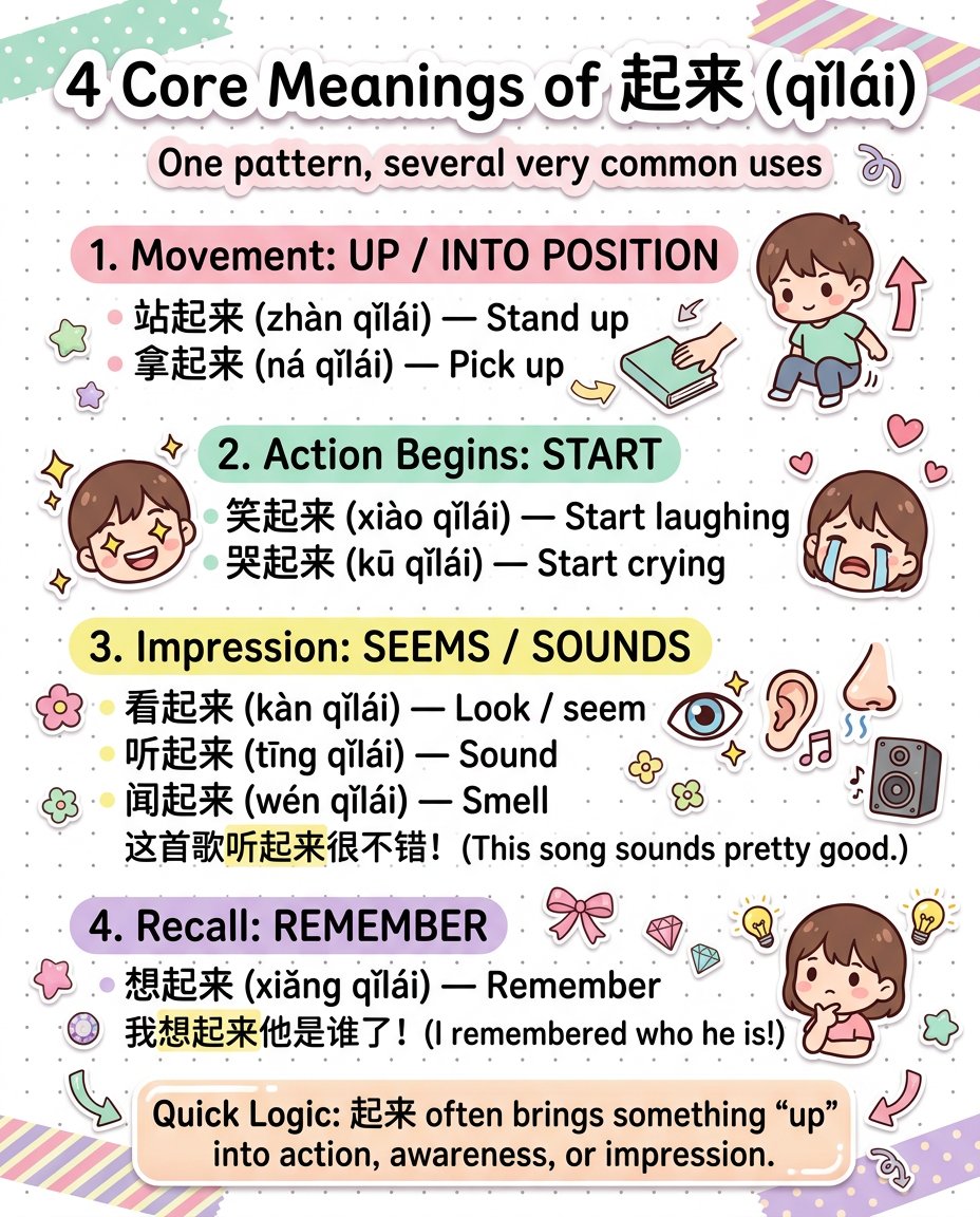 chinese_s_d's tweet photo. Think of 起来 (qǐlái) as the ultimate wake up call for your verbs ☀️

It is not just for standing up or picking things up
It is that sudden spark when a song starts sounding good or a memory finally clicks into place

Everything just feels more alive once this little word joins the party 🥂

Which of these do you find yourself using the most often?✨