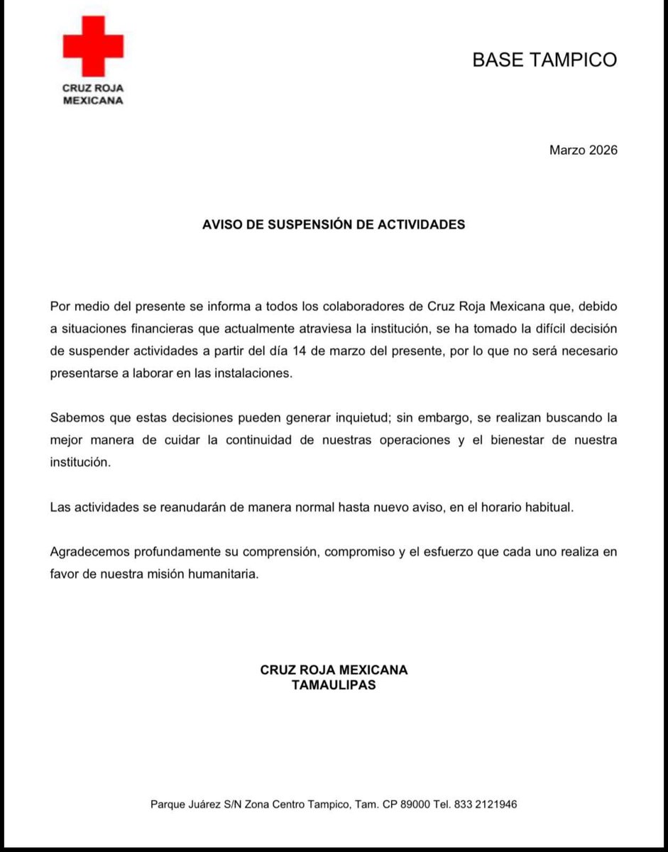 ❌⛑️Así le informó la Cruz Roja Tampico a su personal que se suspenden actividades a partir de hoy❌⛑️