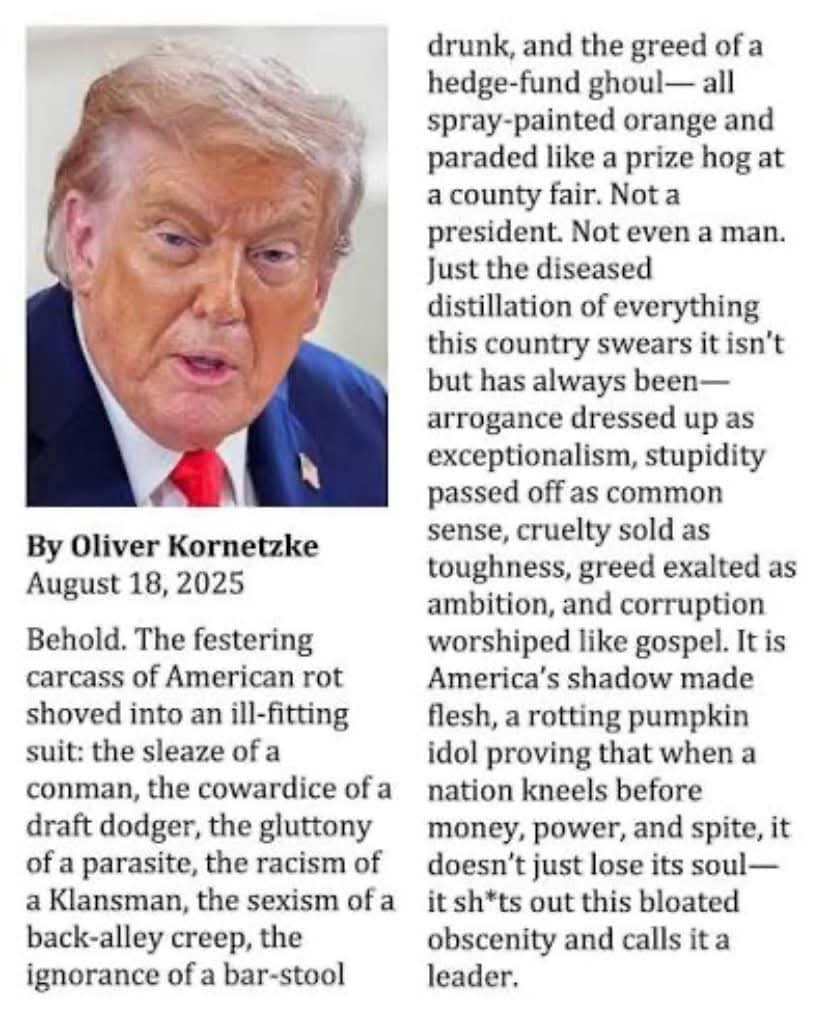 🇺🇲🇺🇲LA ESCORIA LLAMADA DONALD TRUMP🇺🇲🇺🇲

“Miren. El cadáver purulento de la podredumbre estadounidense embutido en un traje que no le queda bien: la sordidez de un estafador, la cobardía de un evasor del servicio militar, la glotonería de un parásito, el racismo de un miembro del