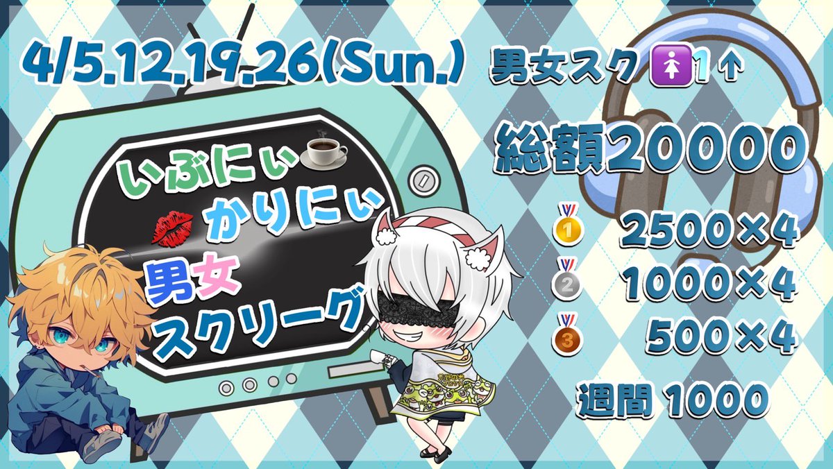 4月度✨️いぶにぃ☕️かりにぃ💋
男女スクリーグ👑

4/5.12.19.26🗓
男女スク 🚺1人以上⬆️
22:00.22:40.23:20 3試合PT制‼️
⚠️週間上限キルポイント30

💰総額20000
🥇2500×4 
🥈1000×4 
🥉500×4
週間1000×4day

協賛費500
 #スクワッド  #男女  #4月  #日曜 

参加方法、ポイント表は追記へ⬇️
