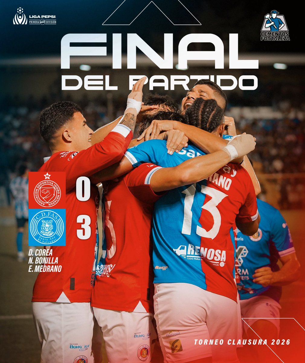⌚️90+3' | 𝑬𝑳 𝑫𝑬𝑹𝑩𝑰 𝑬𝑺 𝑻𝑰𝑮𝑹𝑰𝑳𝑳𝑶 🐯🔴🔵

⚽️Dustin Corea 
⚽️ Nelson Bonilla 
⚽️ Edgar Medrano 

Metapán 0-3 FAS

#CDFAS #tigrillos #clausura2026