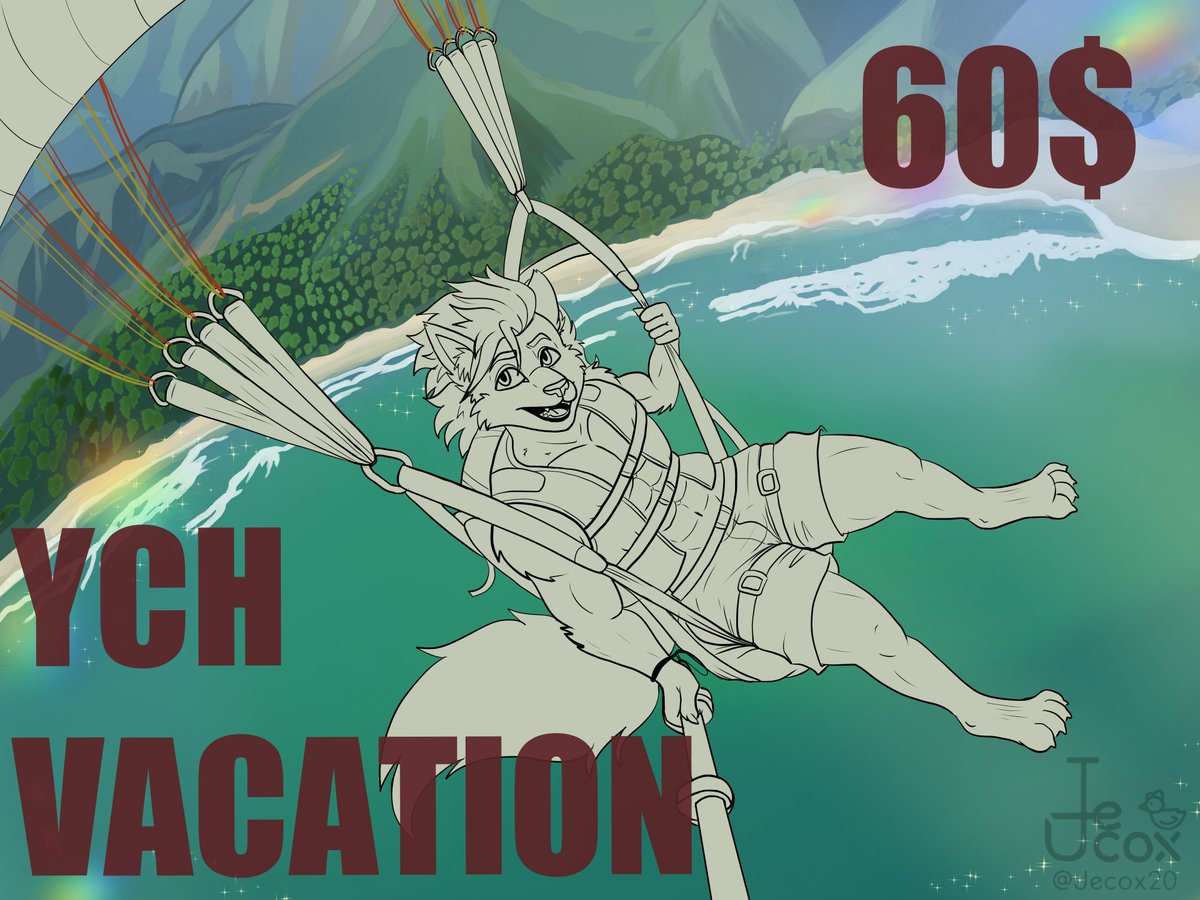 JeCox20's tweet photo. Need a vacation? Let's take your fursona flying! 🪂🌊

Dropping a new Paragliding YCH! Perfect time to catch some air and get a sick selfie while doing it.

✅ Any species, any gender! 
🛡️ Managed by @VaeruffMS 

Check the reply for the NSFW version, prices &amp; form! 👇 https://t.co/VQsDMHloyz
