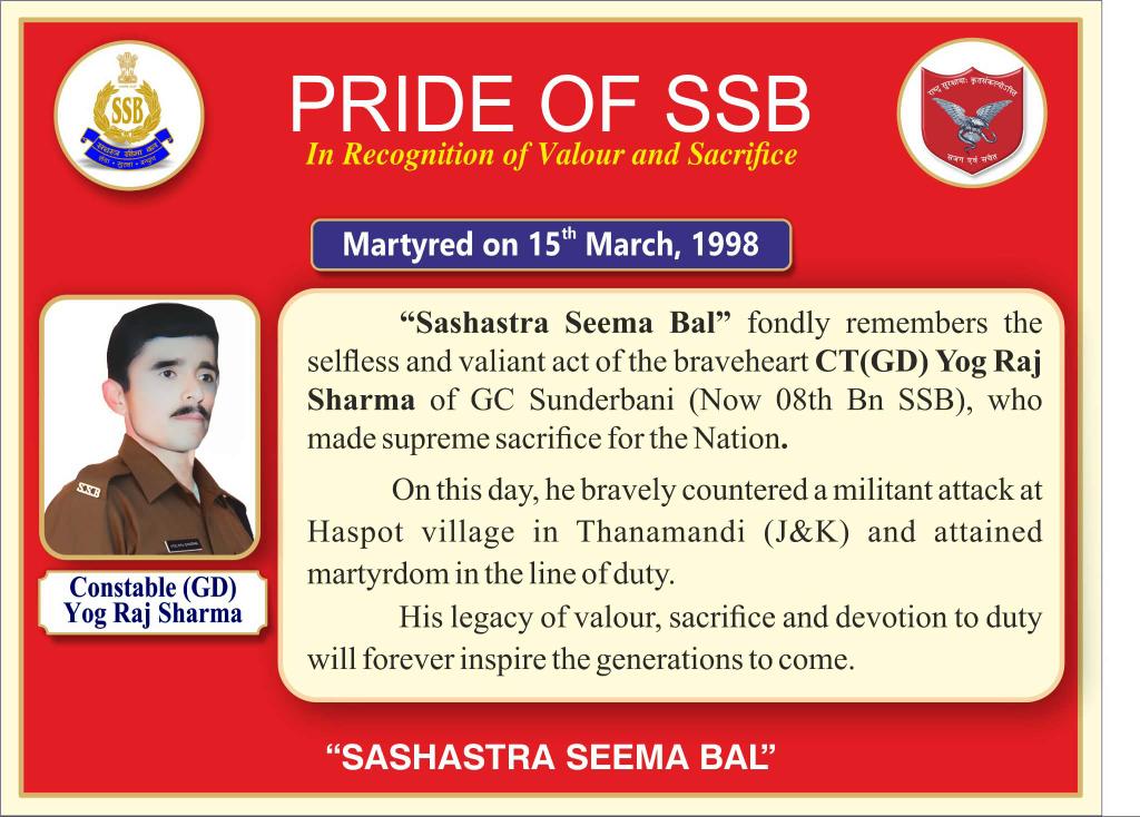 SSB_INDIA's tweet photo. मातृभूमि की रक्षा में अपना सर्वस्व न्यौछावर करने वाले #SSB के वीर बलिदानी को शत-शत नमन!

आज ही के दिन (15 मार्च 1998) जम्मू और कश्मीर के थानामंडी (हस्पोट गाँव) में एक आतंकी हमले का बहादुरी से सामना करते हुए आरक्षी (सामान्य) योग राज शर्मा (ग्रुप सेंटर सुंदरबनी, अब 08वीं वाहिनी) ने अपना सर्वोच्च बलिदान दिया।

इनका अतुलनीय साहस और राष्ट्र के प्रति अटूट समर्पण हमें सदैव प्रेरित करता रहेगा।

#वीरों_का_वंदन
#भारत_के_वीर
#SupremeSacrifice
#PrideOfSSB

@HMOIndia
@PIBHomeAffairs
@BharatKeVeer