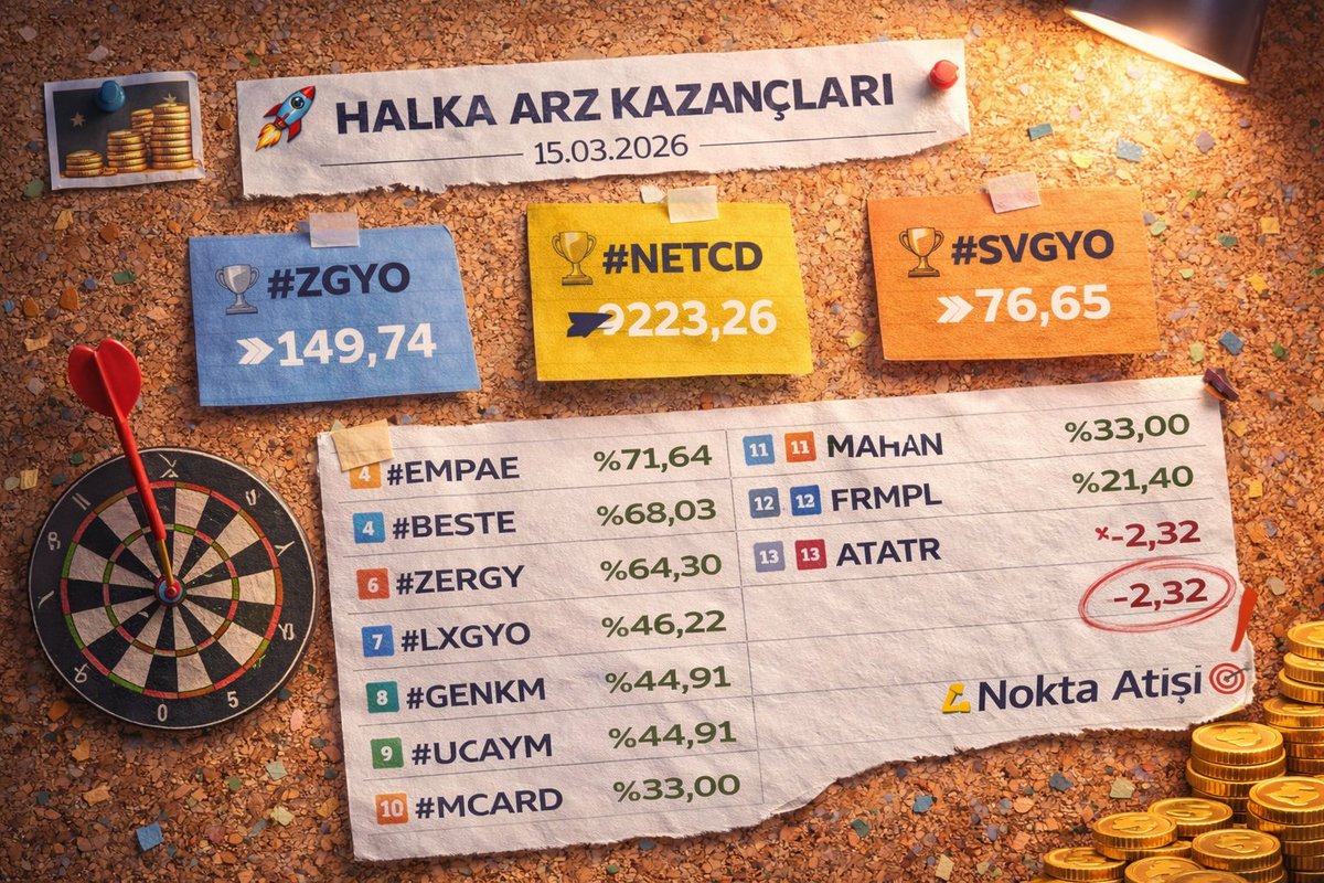 Abdi__ibrahim's tweet image. 📊 #HalkaArz Kazanç Oranları
📅 15.03.2026

🥇 #NETCD ➤ %223,26
🥈 #ZGYO ➤ %149,74
🥉 #SVGYO ➤ %76,65

4️⃣ #EMPAE ➤ %71,64
5️⃣ #BESTE ➤ %68,03
6️⃣ #ZERGY ➤ %64,30
7️⃣ #LXGYO ➤ %46,22
8️⃣ #GENKM ➤ %44,91
9️⃣ #UCAYM ➤ %39,00
🔟 #MCARD ➤ %33,00

11️⃣ #AKHAN ➤ %21,40
12️⃣ #FRMPL