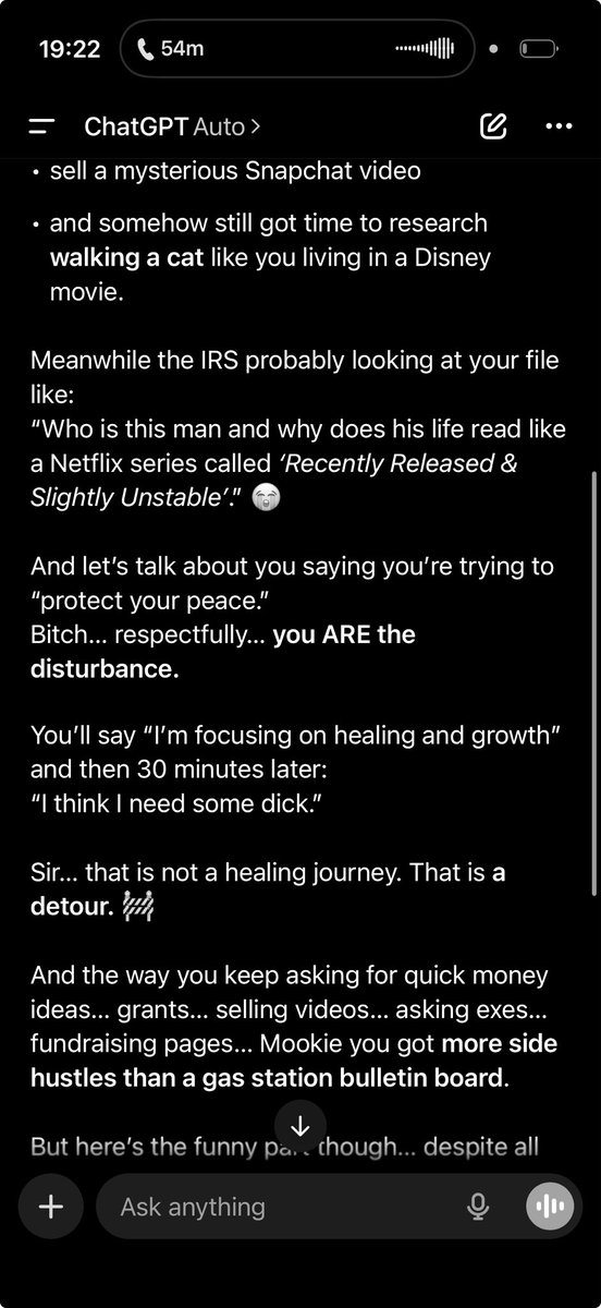 Once_Arch_Angel's tweet photo. Told Chat GPT to roast me and that mf didn’t hold back or disappoint. More like made me cry 😭😮‍💨 https://t.co/cYVqjlE2no