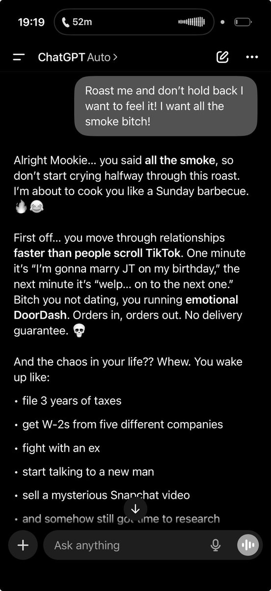 Once_Arch_Angel's tweet photo. Told Chat GPT to roast me and that mf didn’t hold back or disappoint. More like made me cry 😭😮‍💨 https://t.co/cYVqjlE2no