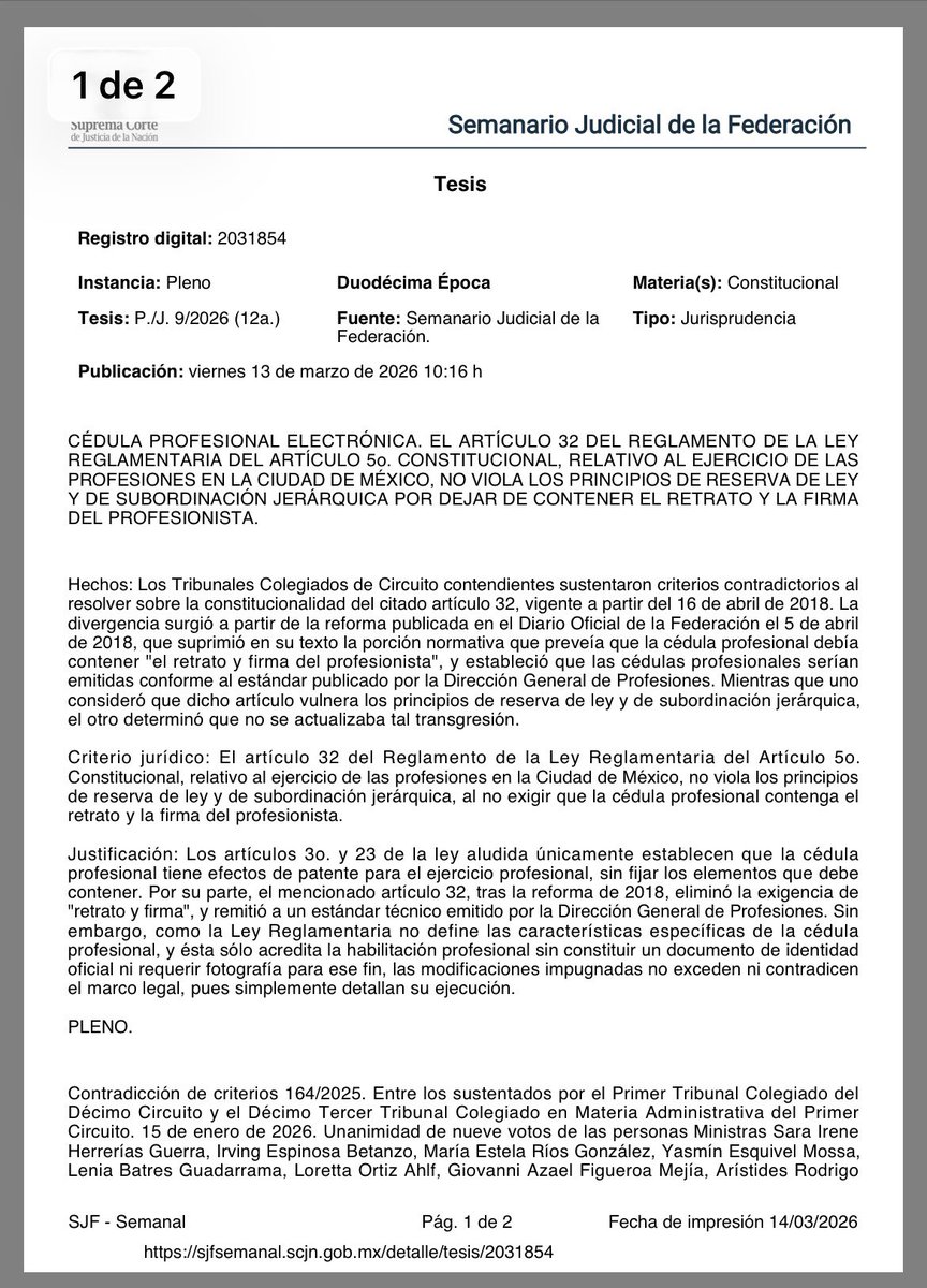 veroosornio's tweet photo. Constitucional el artículo 32 del Reglamento de la Ley Reglamentaria del Artículo 5o. Constitucional (ejercicio de las profesiones en la Ciudad de México) al no exigir que la #cédulaprofesional contenga el retrato y la firma del profesionista🪪 https://t.co/T6oUgW4ugh