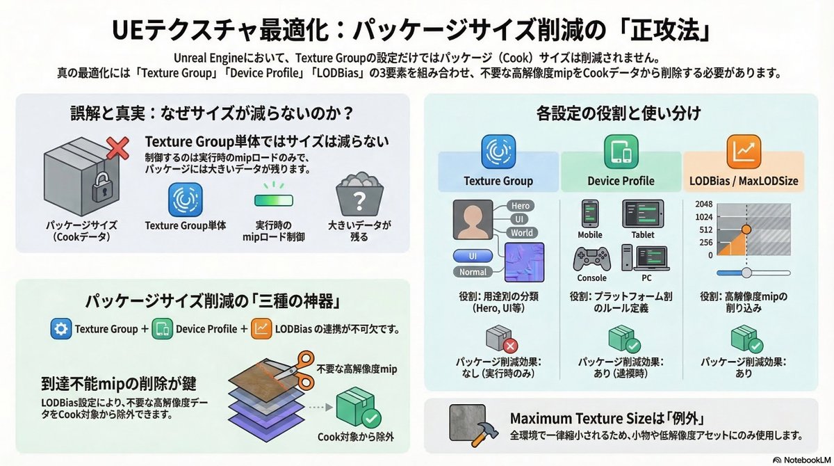 WanchanJP's tweet photo. UE5のモバイル向けに極限までサイズを削減したくて、
テクスチャにMaximum Texture Sizeを多用していたんだけど、それよりTextureGroupを細かく分けた方がいいんかな。 https://t.co/x4lY4RJHh5