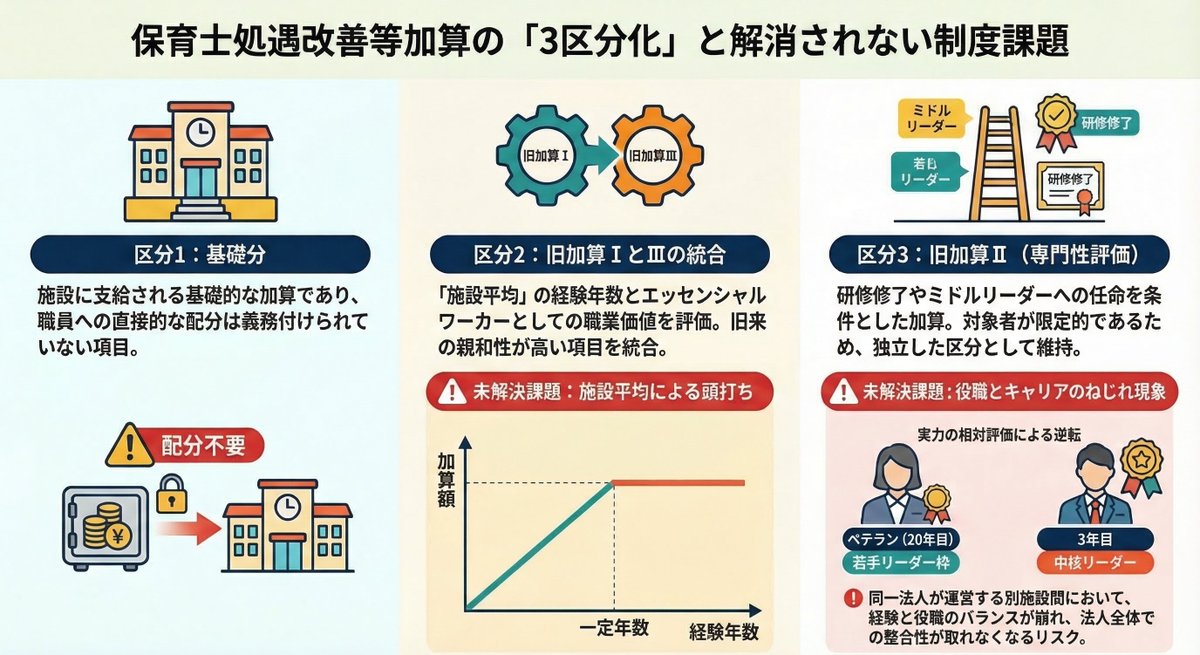 【保育士等の処遇改善等加算】
公定価格上の人件費は、子どもの年齢に合わせた法定配置や地域水準などが加味されているだけで、
保育者の経験値や専門性というものが考慮されていません。
そのために施設ごとの職員の状況に応じた「加算」がついてきます。