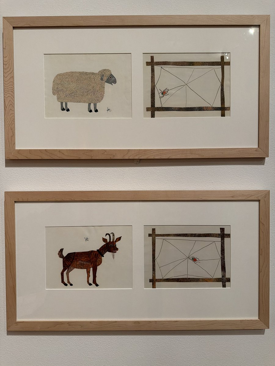 ArtHistAnimalia's tweet photo. For #SaveASpiderDay 🕷️🕸️:
Eric Carle (1929-2021)
Artwork from The Very Busy #Spider, 1984
Acrylic-painted tissue paper collages
Exhibition: “Small Living Things: The Magical Art of Eric Carle” @ Michener Art Museum
“Carle's graphic design background and the perspective that he brought to book design led him to create features such as the raised spider web in The Very Busy Spider, a tactile quality that would be a pleasing addition to readers of all ages. According to Carle, The Very Busy Spider is about work. ‘We need to work and finish our tasks despite the many diversions,’ he wrote.”