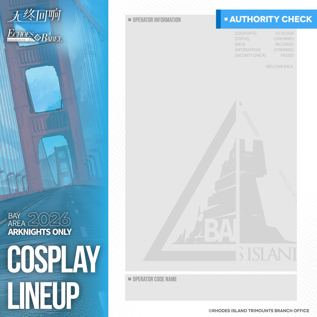 SFBA_AKonly's tweet photo. Our Official 2026 Bay Area Arknights-Only Convention cosplay lineup template is here!
Don't forget to tag us with your lineup, and we look forward to seeing you in San Mateo on March 28!

#arknights #echoesofbabel #arknightsonly #明日方舟 https://t.co/7FJDh5FSRh