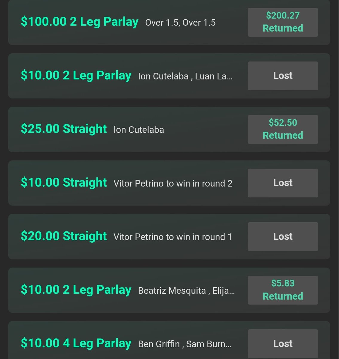 JohnMcDFS's tweet photo. Good night betting...HERES MY winning/ losses #UFC I Deposited $10 and placed a bet on #PGA  and got $365 in bonus bets on Bet365 and used them all on UFC tonight....I will be placing my bets on @Tails_Picks i use my profit boosts on different sportsbooks so find the better lines https://t.co/wUd9u6wvs2