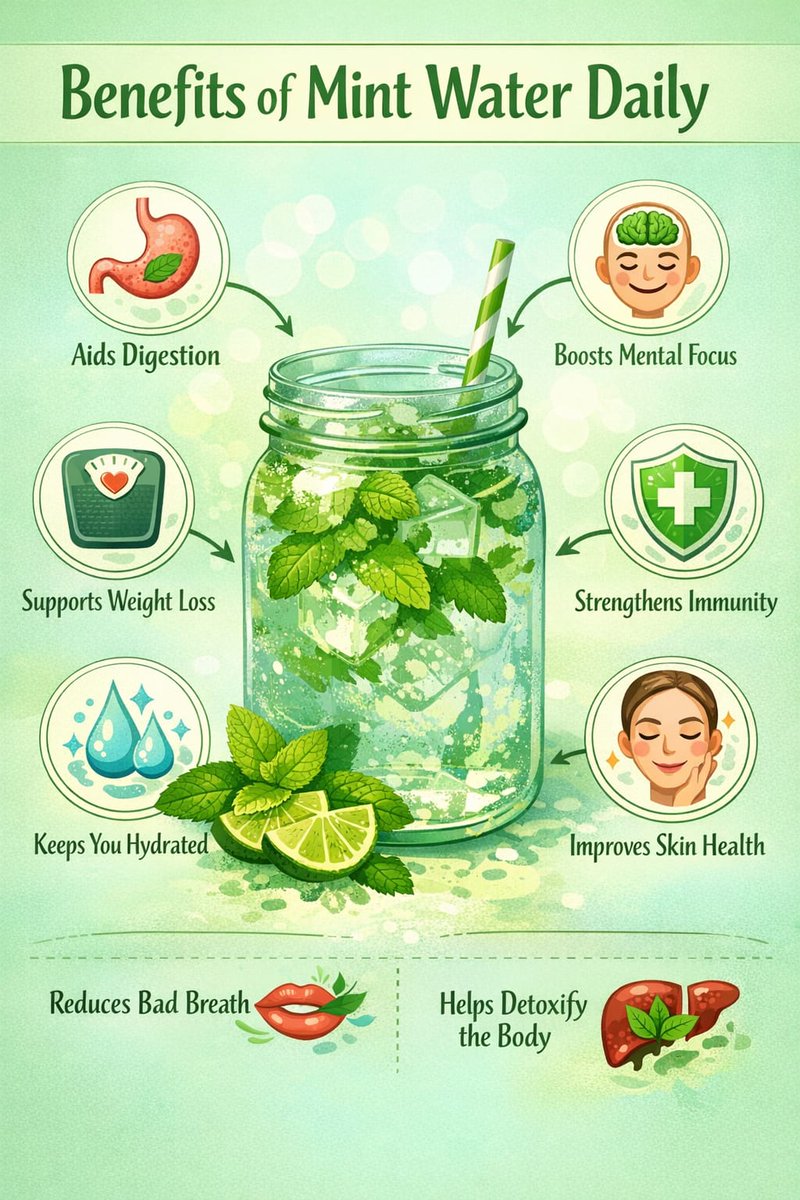 varshabts999's tweet image. 🌿 Benefits of Drinking Mint Water 

✅ Aids digestion
✅ Boosts mental focus
✅ Supports weight loss
✅ Strengthens immunity
✅ Keeps your body hydrated
✅ Improves skin health
✅ Reduces bad breath
✅ Helps detoxify the body

#NaturalHealth #HealthTips #HealthyHabits #Nación