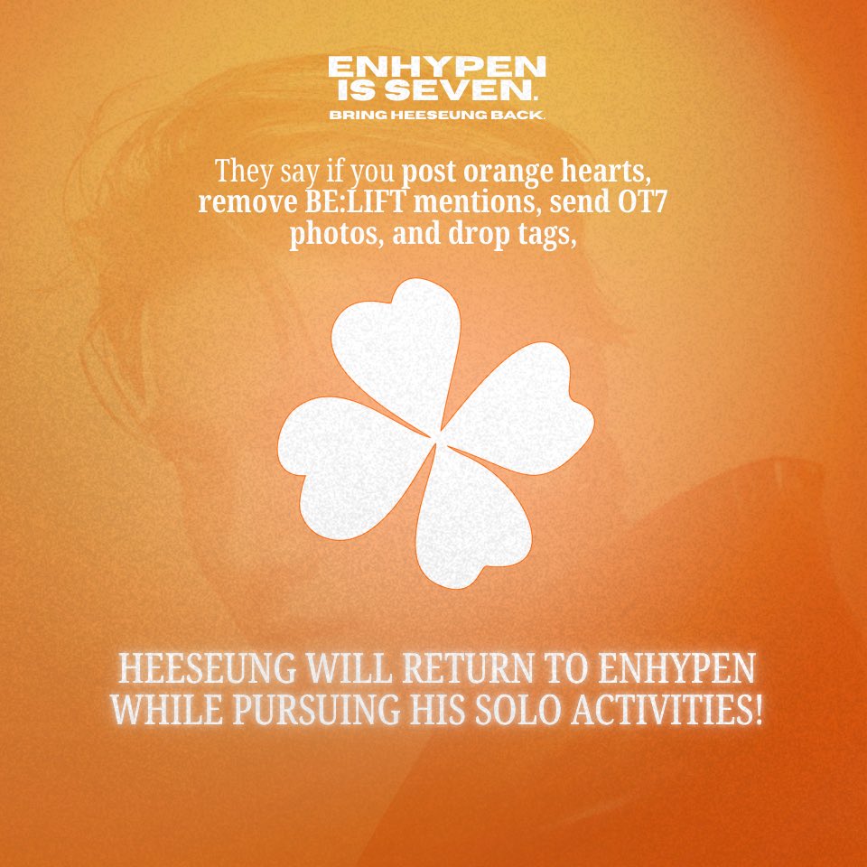 Gabut ga guys? Kalau gabut naikin HT yuk🧡🧡

We demand that HEESEUNG remains fully part of ENHYPEN, and we will continue to hold BE:LIFT LAB accountable for any actions that threaten the group's identity and integrity.