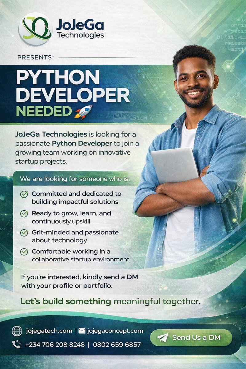 JJOnahi's tweet photo. Python Developer Needed

JoJeGa Technologies is looking for a passionate Python Developer to join our growing team.
Kindly send a dm with your details. https://t.co/i8Oe34fh0L
