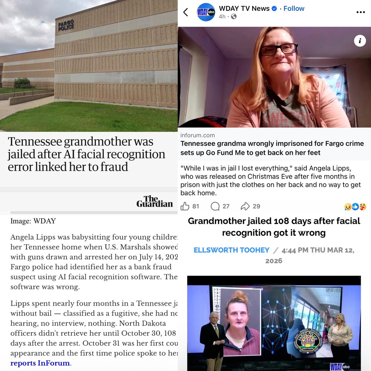 “Angela Lipps was babysitting 4 kids at her Tennessee home when U.S. Marshals showed up guns drawn… Fargo police ID’ed her as a bank fraud suspect using AI facial recognition — it was wrong… Lipps spent 4 months in a TN jail with no bail/hearing...” 🤔 boingboing.net/2026/03/12/gra…